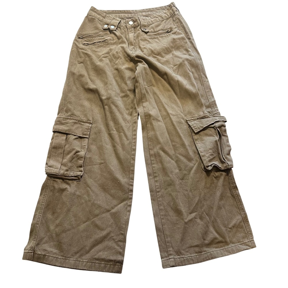 Romwe Cargo Pants Womens Large Brown Wide Leg Zip Utility Outdoor Streetwear